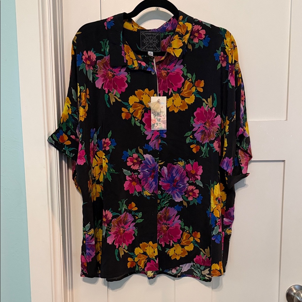 Johnny Was Black Floral Button-Front Top with Pink, Purple & Yellow Blossoms